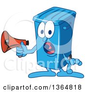 Cartoon Blue Rolling Trash Can Bin Mascot Shouting Into A Megaphone