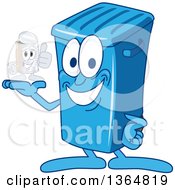 Cartoon Blue Rolling Trash Can Bin Mascot Holding A Can