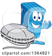 Cartoon Blue Rolling Trash Can Bin Mascot Waving By A Computer Mouse