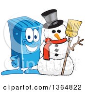Cartoon Blue Rolling Trash Can Bin Mascot With A Christmas Snowman