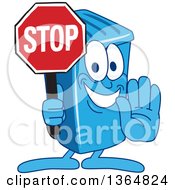 Cartoon Blue Rolling Trash Can Bin Mascot Gesturing And Holding A Stop Sign