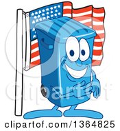 Cartoon Blue Rolling Trash Can Bin Mascot Pledging Allegiance To The American Flag