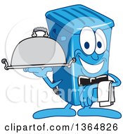 Cartoon Blue Rolling Trash Can Bin Mascot Waiter Holding A Cloche Platter