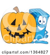 Cartoon Blue Rolling Trash Can Bin Mascot By A Halloween Jackolantern Pumpkin