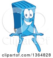 Cartoon Blue Rolling Trash Can Bin Mascot Sitting