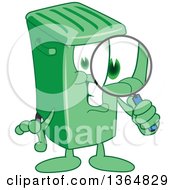 Cartoon Green Rolling Trash Can Bin Mascot Searching With A Magnifying Glass