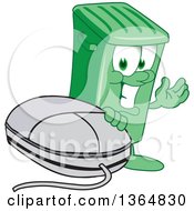 Cartoon Green Rolling Trash Can Bin Mascot Presenting By A Computer Mouse