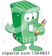 Cartoon Green Rolling Trash Can Bin Mascot Holding A Pencil