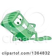 Cartoon Green Rolling Trash Can Bin Mascot Resting On His Side