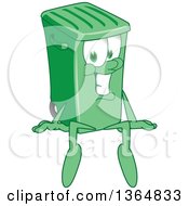 Cartoon Green Rolling Trash Can Bin Mascot Sitting