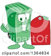 Cartoon Green Rolling Trash Can Bin Mascot Holding A Red Sales Price Tag
