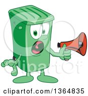 Cartoon Green Rolling Trash Can Bin Mascot Screaming Into A Megaphone