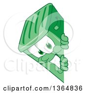 Cartoon Green Rolling Trash Can Bin Mascot Smiling Around A Sign