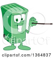 Cartoon Green Rolling Trash Can Bin Mascot Using A Pointer Stick