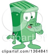 Poster, Art Print Of Cartoon Green Rolling Trash Can Bin Mascot Whispering