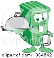 Cartoon Green Rolling Trash Can Bin Mascot Waiter Holding A Cloche Platter