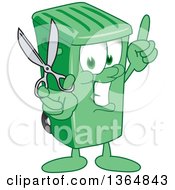 Cartoon Green Rolling Trash Can Bin Mascot Holding Up A Finger And Scissors