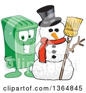 Cartoon Green Rolling Trash Can Bin Mascot With A Christmas Snowman