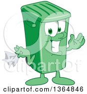 Cartoon Green Rolling Trash Can Bin Mascot Holding A Napkin Or Hankie