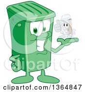 Cartoon Green Rolling Trash Can Bin Mascot Holding A Tin Can
