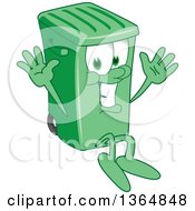 Cartoon Green Rolling Trash Can Bin Mascot Jumping