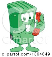 Cartoon Green Rolling Trash Can Bin Mascot Holding And Pointing To A Telephone