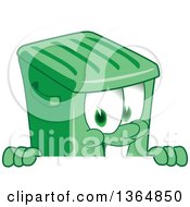 Cartoon Green Rolling Trash Can Bin Mascot Smiling Over A Sign