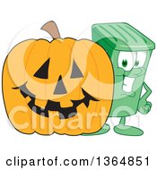 Poster, Art Print Of Cartoon Green Rolling Trash Can Bin Mascot By A Halloween Jackolantern Pumpkin
