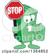 Cartoon Green Rolling Trash Can Bin Mascot Gesturing And Holding A Stop Sign