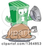 Cartoon Green Rolling Trash Can Bin Mascot Serving A Roasted Thanksgiving Turkey