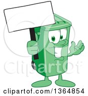 Cartoon Green Rolling Trash Can Bin Mascot Holding A Blank Sign