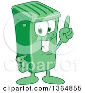 Cartoon Green Rolling Trash Can Bin Mascot Holding Up A Finger