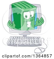 Cartoon Green Rolling Trash Can Bin Mascot Emerging From A Desktop Computer Screen