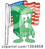 Cartoon Green Rolling Trash Can Bin Mascot Pledging Allegiance To The American Flag