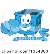 Cartoon Blue Recycle Bin Mascot Pointing Outwards