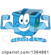 Cartoon Blue Recycle Bin Mascot Flexing
