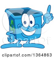 Cartoon Blue Recycle Bin Mascot Holding Up A Finger