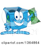 Cartoon Blue Recycle Bin Mascot Holding Cash Money