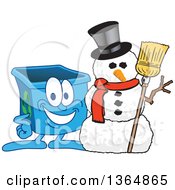 Cartoon Blue Recycle Bin Mascot With A Christmas Snowman