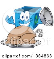 Cartoon Blue Recycle Bin Mascot Serving A Roasted Thanksgiving Turkey