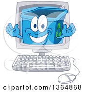 Poster, Art Print Of Cartoon Blue Recycle Bin Mascot Emerging From A Desktop Computer Screen