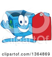 Cartoon Blue Recycle Bin Mascot Holding A Sales Tag