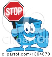 Cartoon Blue Recycle Bin Mascot Gesturing And Holding A Stop Sign