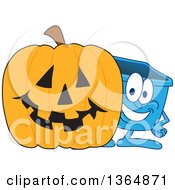 Cartoon Blue Recycle Bin Mascot By A Halloween Jackolantern Pumpkin