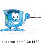 Cartoon Blue Recycle Bin Mascot Using A Pointer Stick