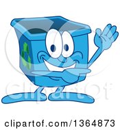 Cartoon Blue Recycle Bin Mascot Waving And Pointing