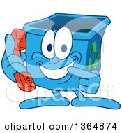 Cartoon Blue Recycle Bin Mascot Holding And Pointing To A Telephone