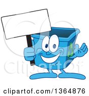 Cartoon Blue Recycle Bin Mascot Holding A Blank Sign