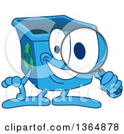 Cartoon Blue Recycle Bin Mascot Searching With A Magnifying Glass
