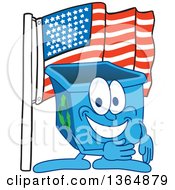 Cartoon Blue Recycle Bin Mascot Pledging Allegiance To The American Flag